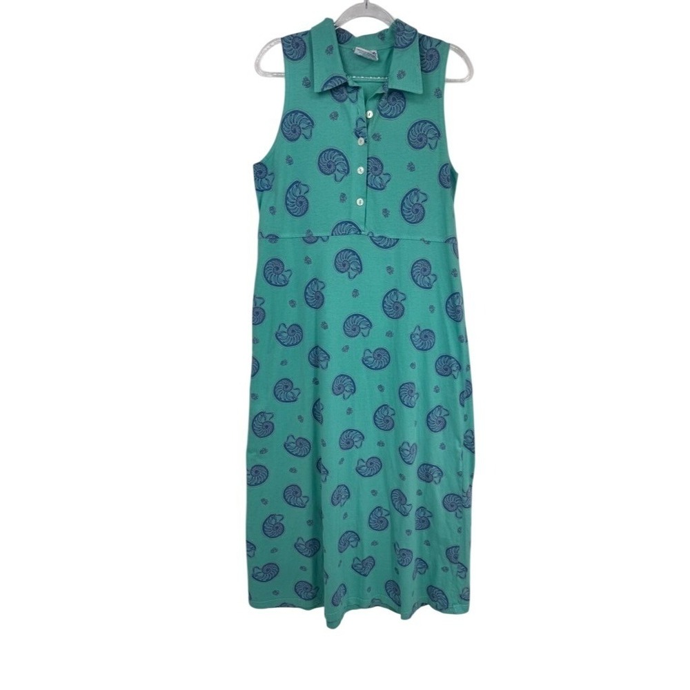 Vintage Zip Code Maxi Dress Womens Large Green Cotton Seashell Print‎ Collared